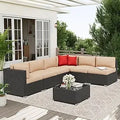 7-Piece Patio Sofa Black Rattan Wicker, Glass Top Table, Cushions