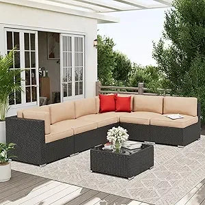 7-Piece Patio Sofa Black Rattan Wicker, Glass Top Table, Cushions