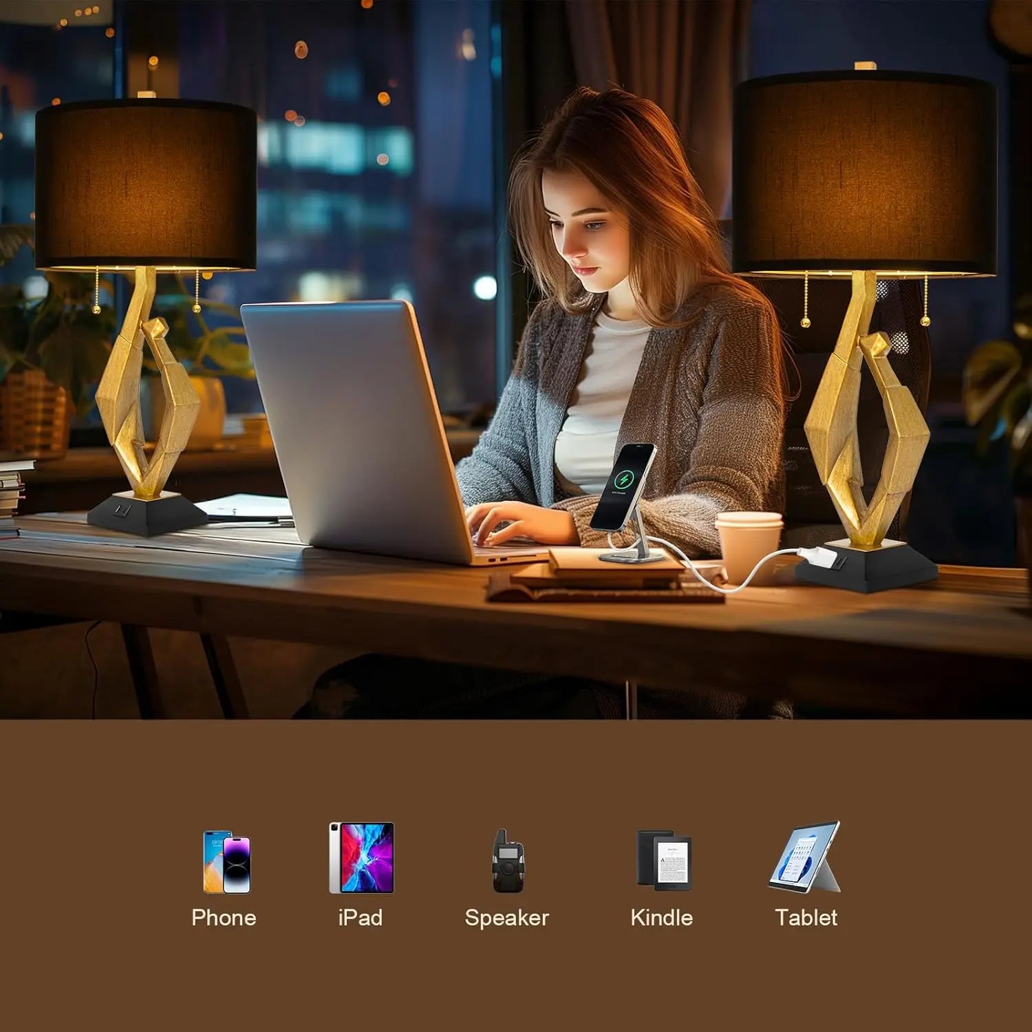 Table Lamp Set of 2 USB Ports Gold Leaf Finish