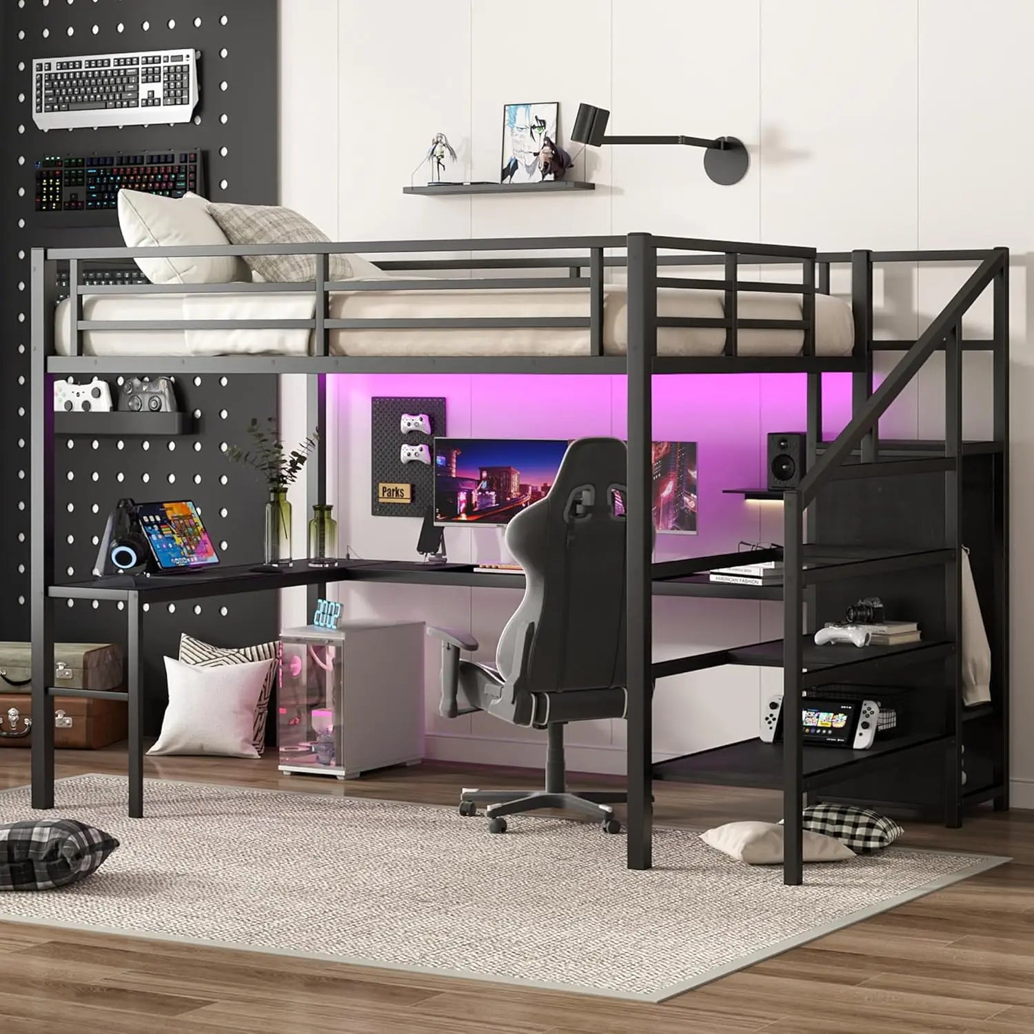 Metal Queen Size Heavy Duty Loft Bed, Stairs, Wardrobe, LED, Charging Station