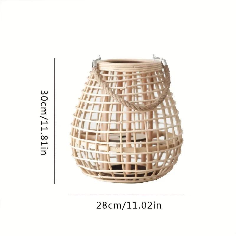 Hand-Woven Vine Lamp with Candle Holder – Rustic Floor Standing Lantern
