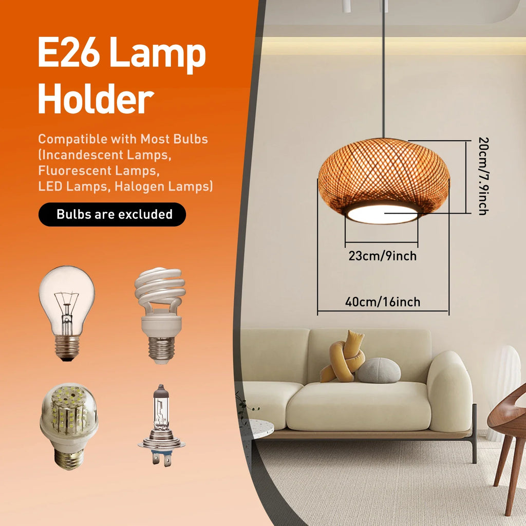 (40cm/16inch) Bamboo Pendant Light, Hanging Light Fixture Boho Pendant Light