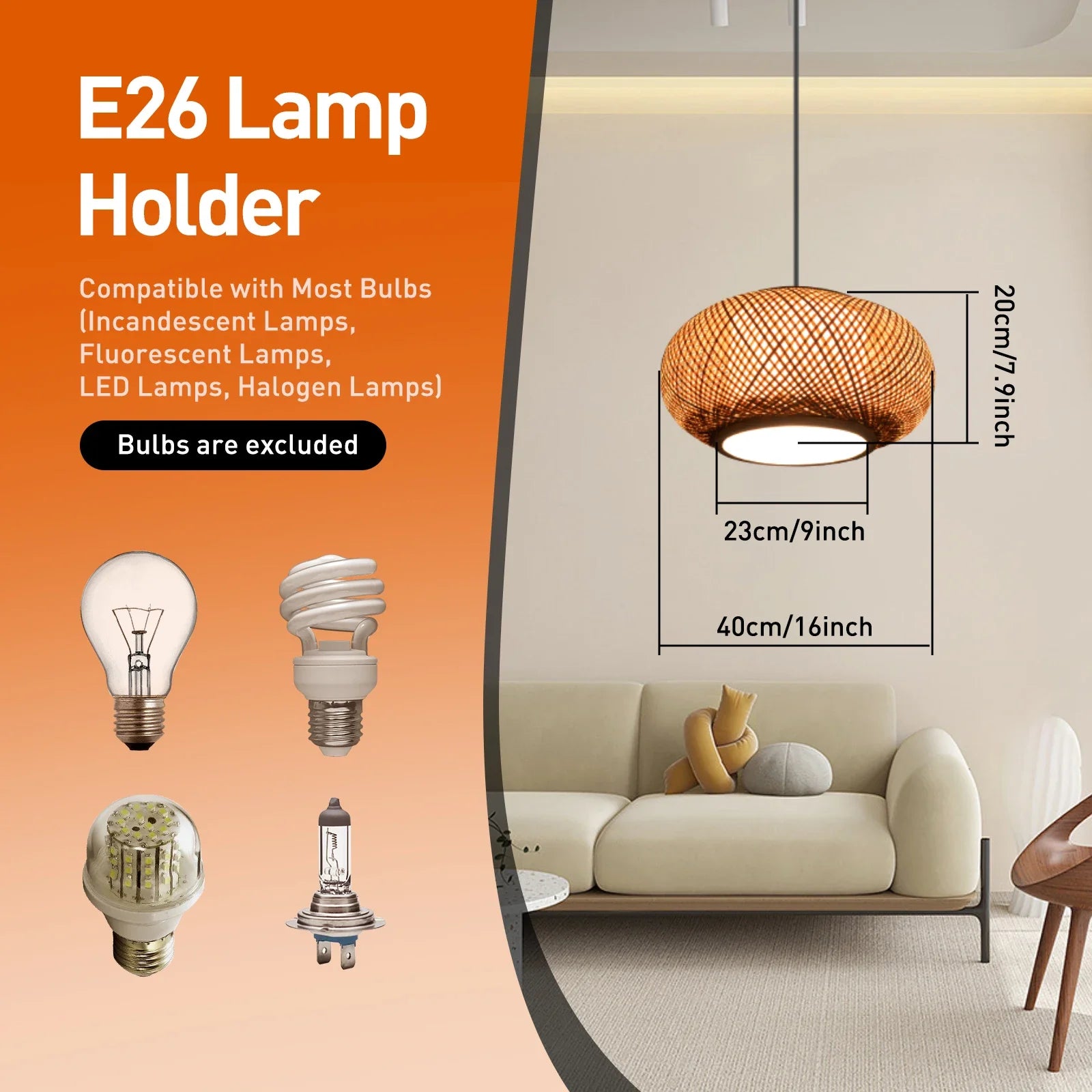 (40cm/16inch) Bamboo Pendant Light, Hanging Light Fixture Boho Pendant Light