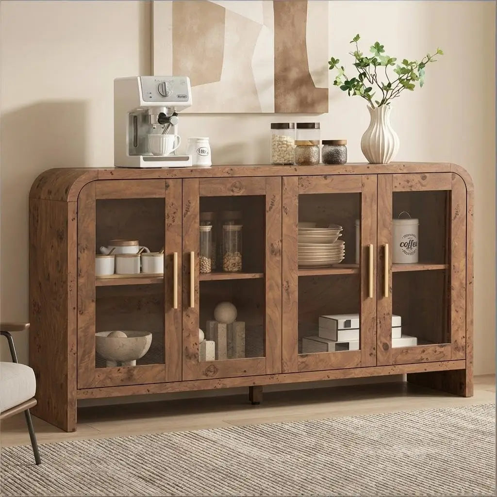 59" Sideboard Buffet Cabinet Storage, Adjustable Shelves 4 Glass Doors