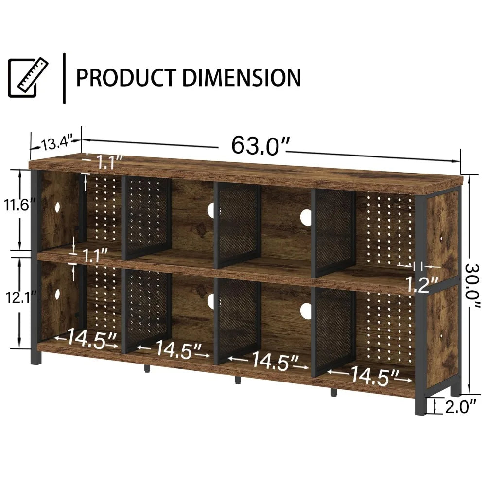Rustic Horizontal Bookshelf, Industrial Large Wide Bookcase Cube Storage