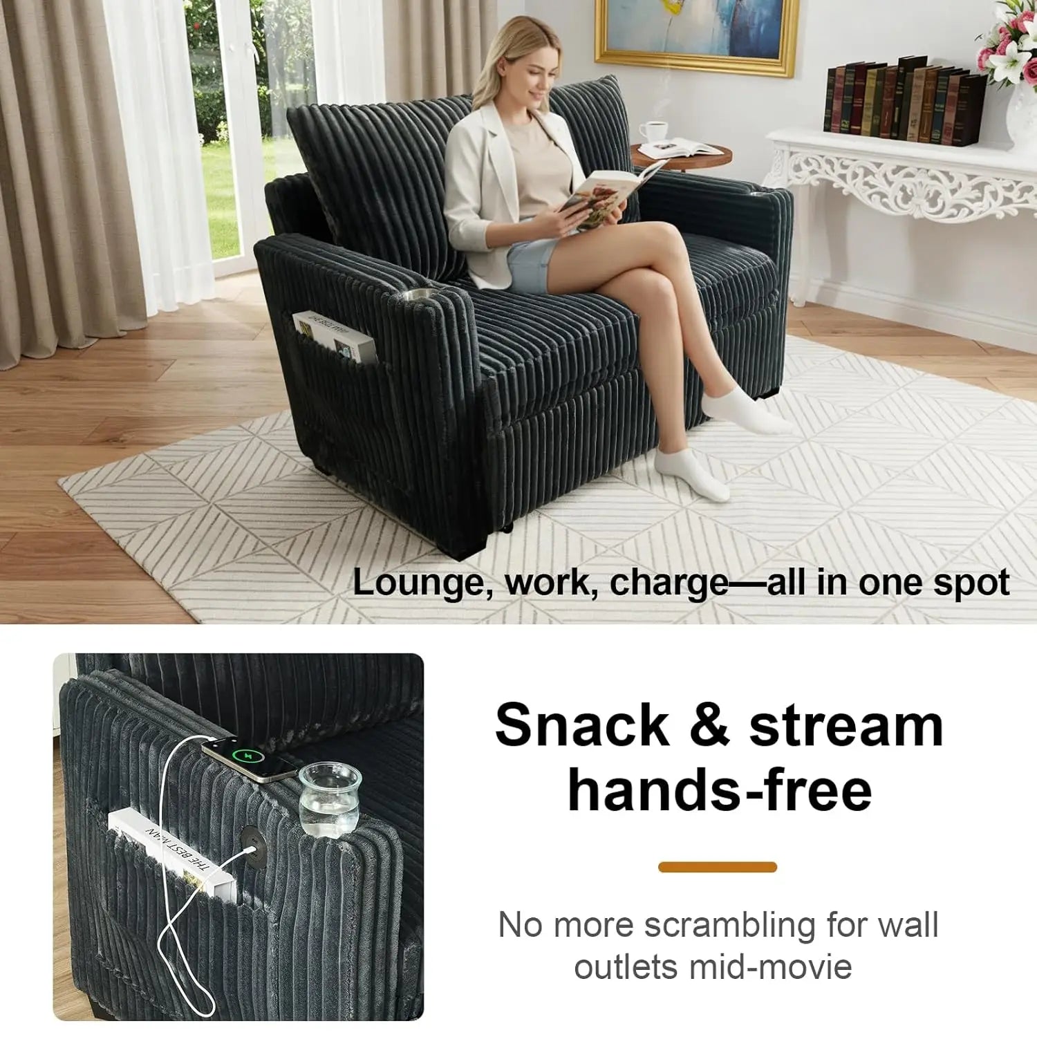 3-in-1 Sleeper Sofa Bed, 53'' Corduroy Loveseat Adjustment Backrest