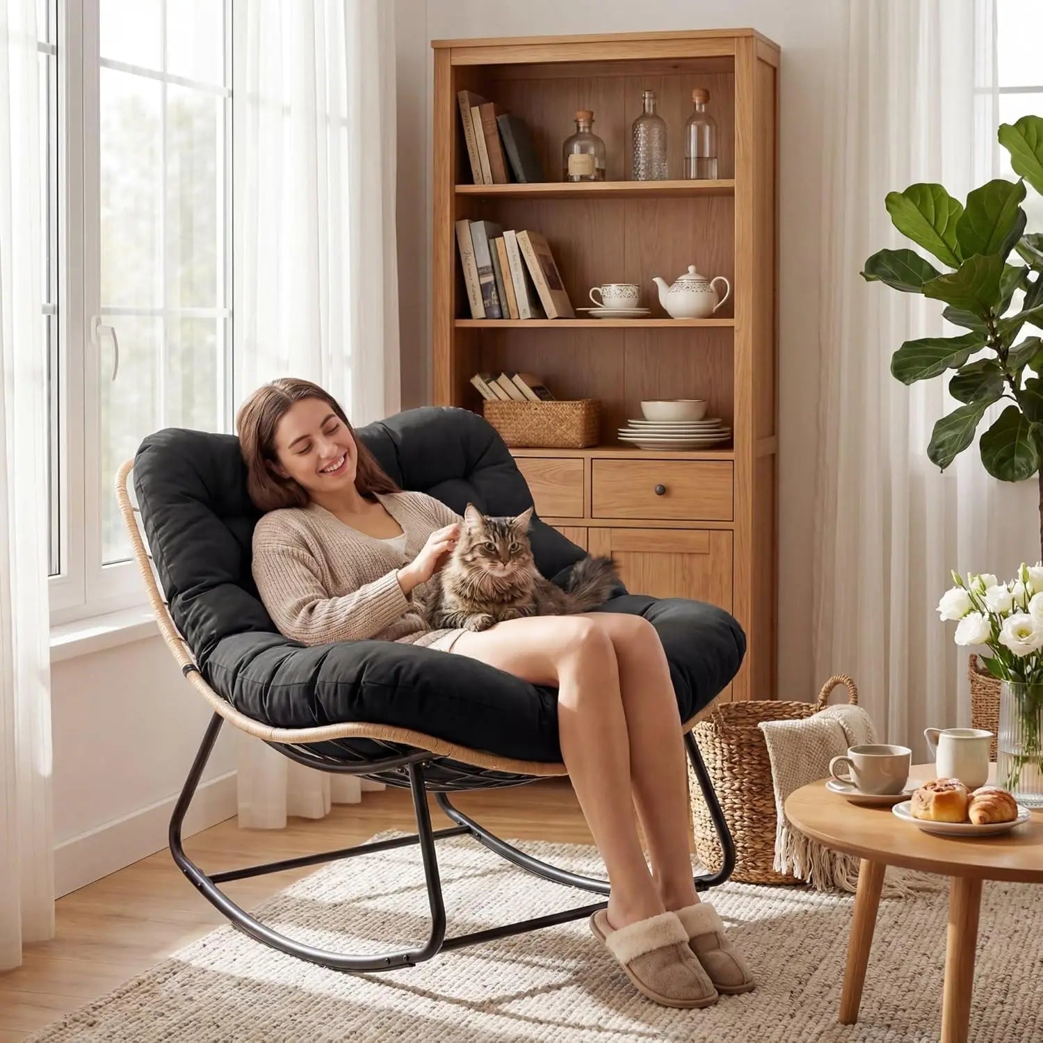 Oversized Papasan Rocking Chair, Thick Cushion, Curved Leg Wicker Rattan Rocker