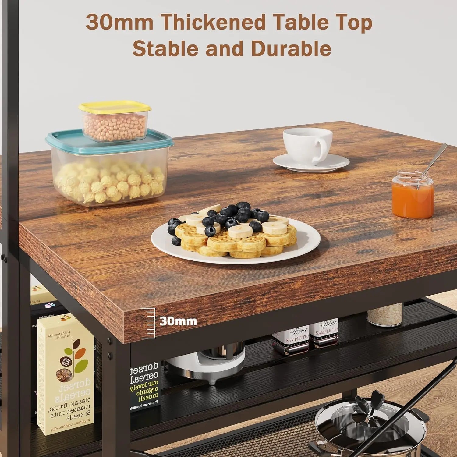 42" Island Storage Seating, 3-Tier Baker's Rack, Microwave Stand, Hooks 50lb Capacity