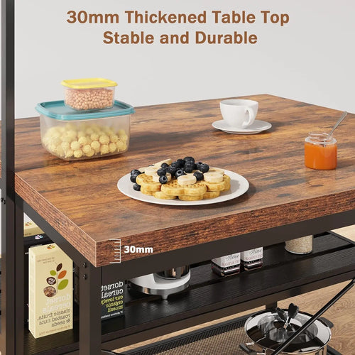42" Island Storage Seating, 3-Tier Baker's Rack, Microwave Stand, Hooks 50lb Capacity