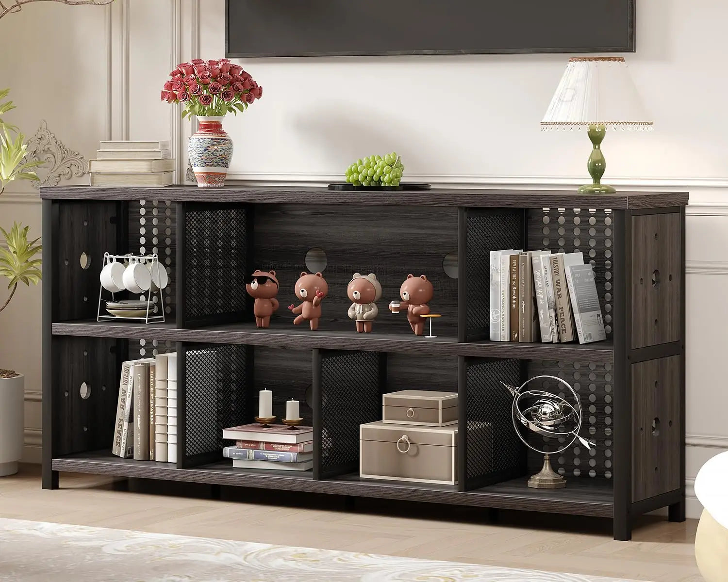 Rustic Horizontal Bookshelf, Industrial Large Wide Bookcase Cube Storage