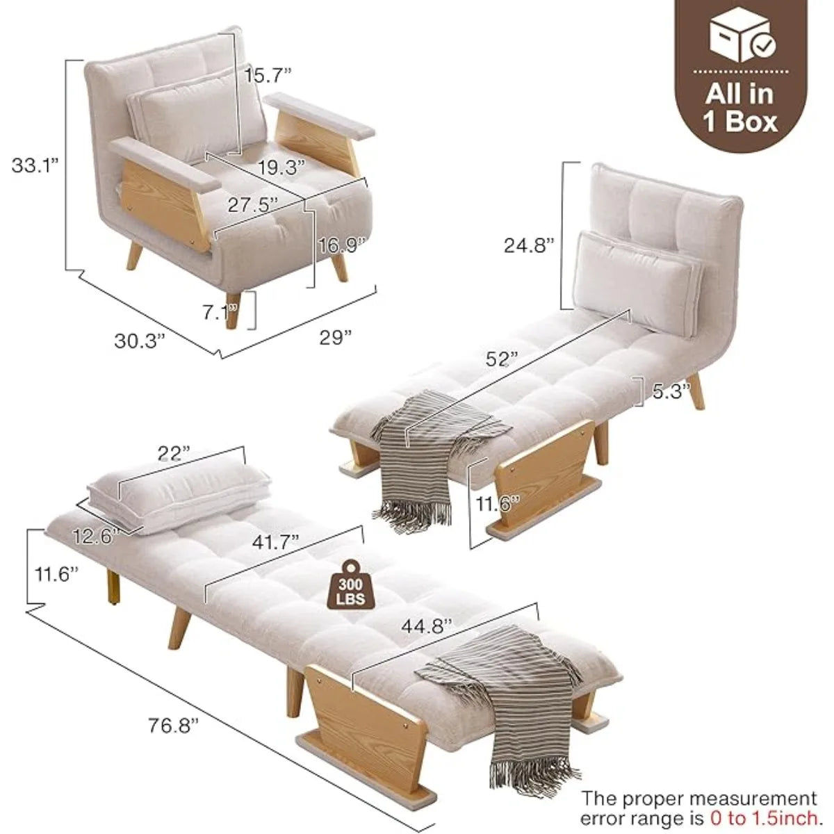 3-in -1 Sleeper Chair Bed, Linen Folding Armchair Sleeper, Adjustable Backrest