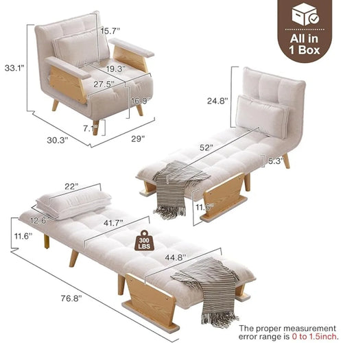 3-in -1 Sleeper Chair Bed, Linen Folding Armchair Sleeper, Adjustable Backrest