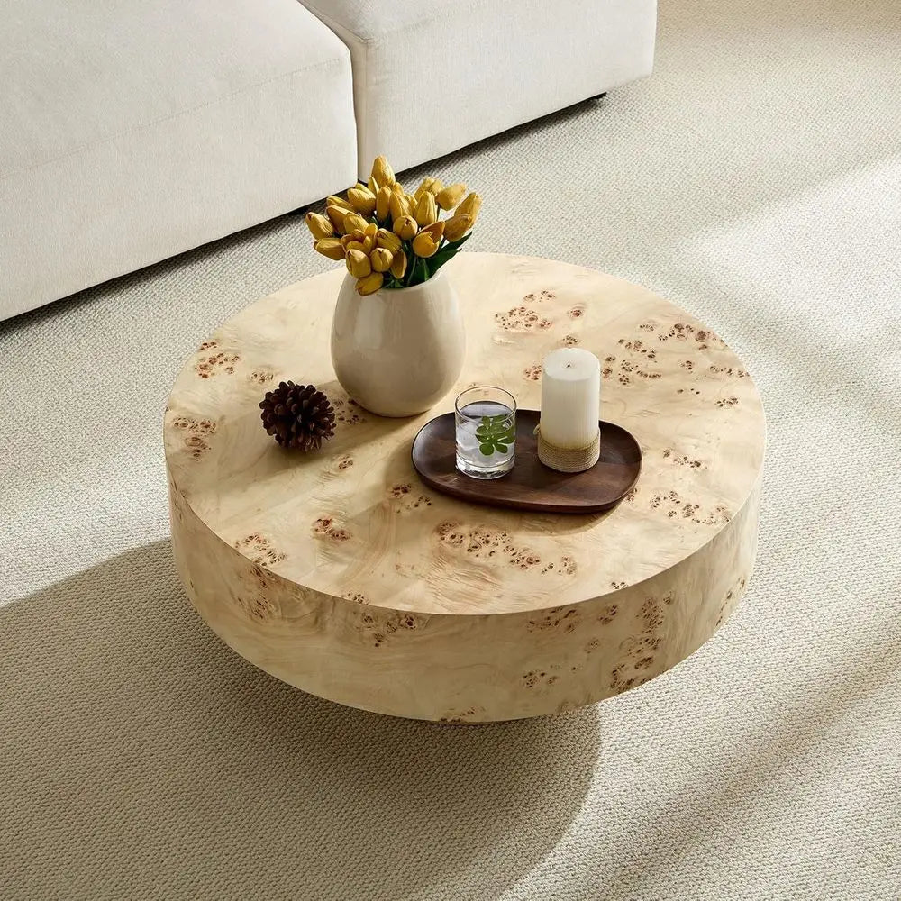 31.49" Burl Wood Veneer Circular Pedestal Coffee Table