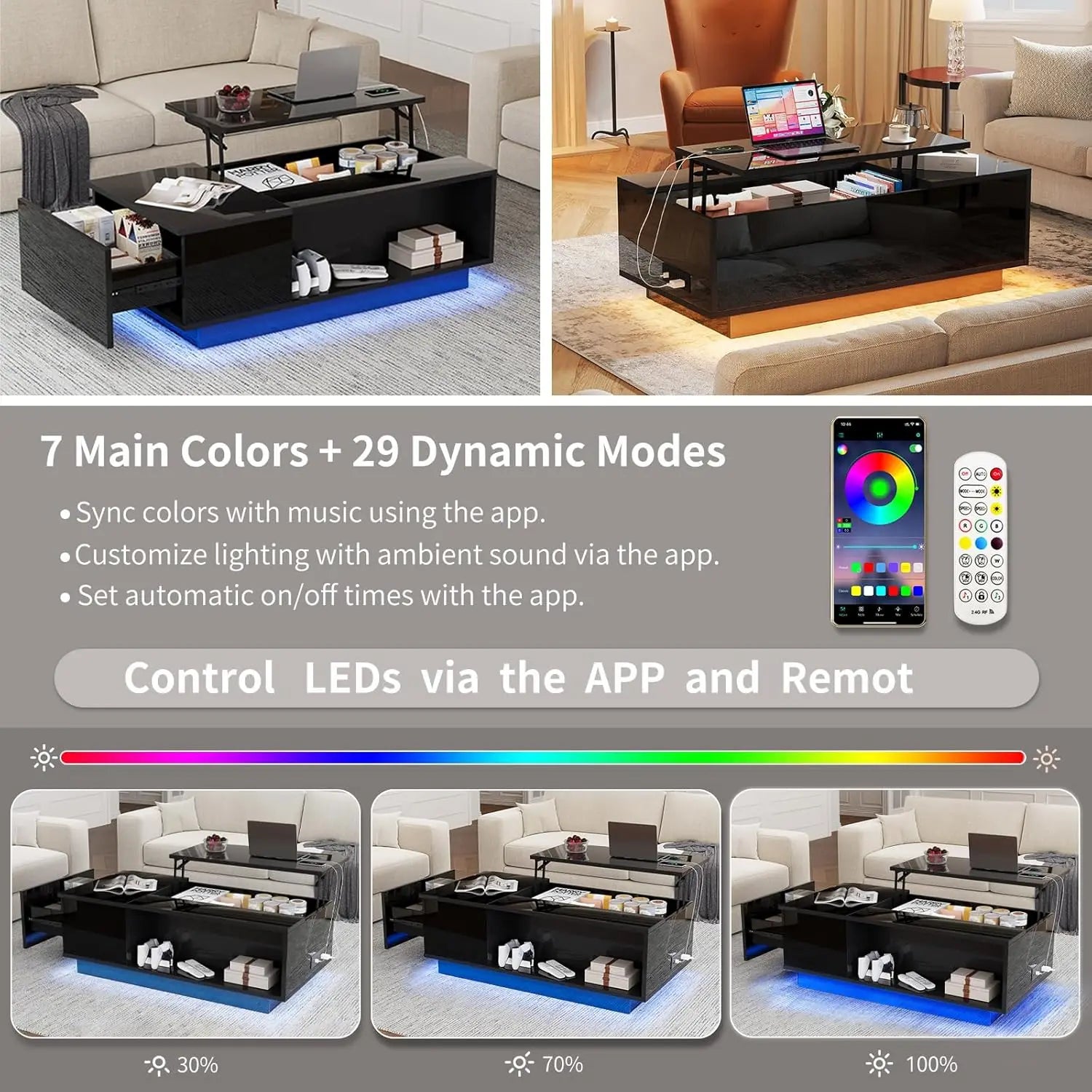 47" LED Coffee Table Lift Top Hidden Storage High Gloss