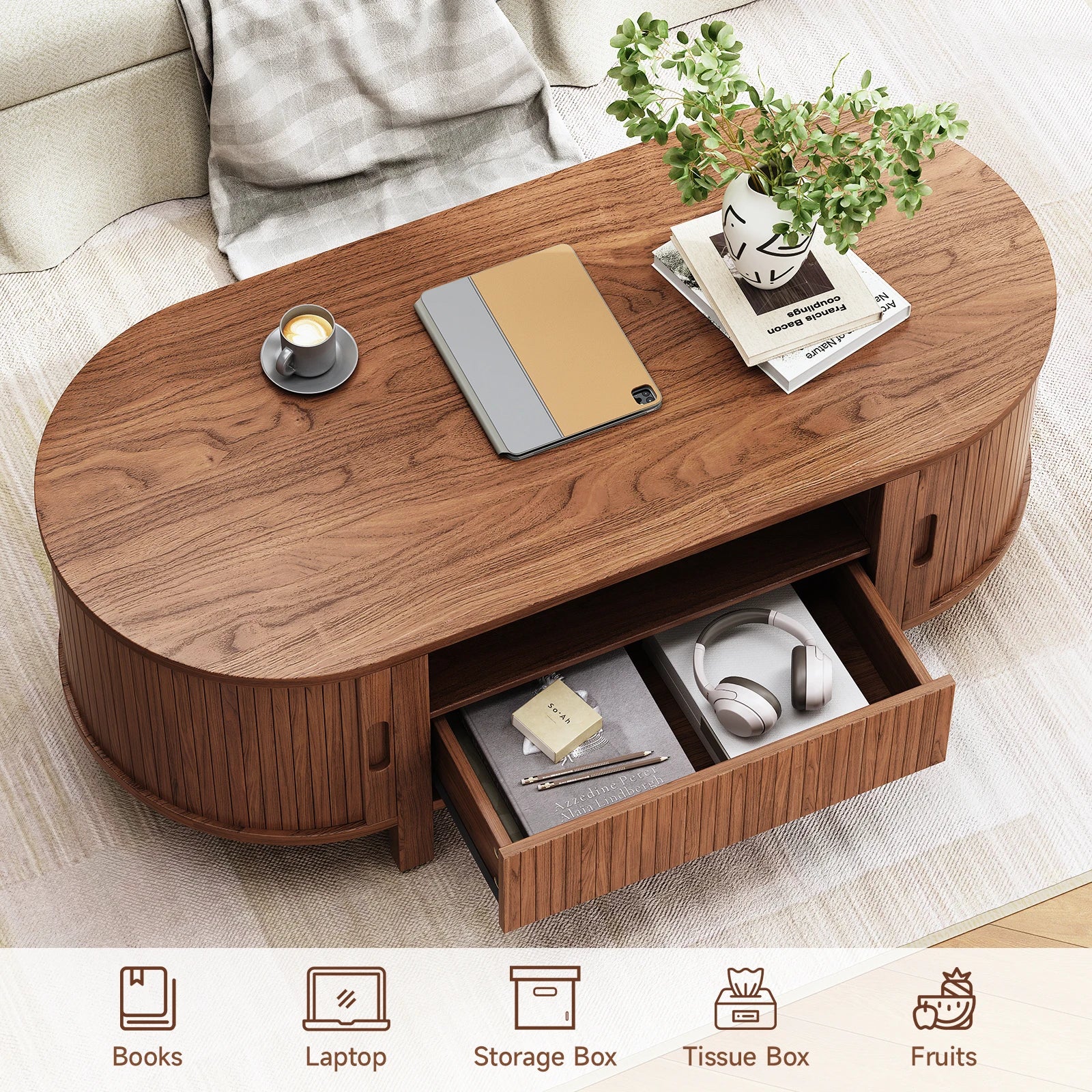 Oval Coffee Table, 47 Inch Fluted with Cabinets & Sliding Doors, Storage