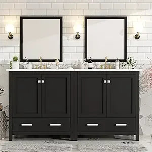 60" Separate 30" Double Sink Solid Wood 2 Cabinets 2 Drawers