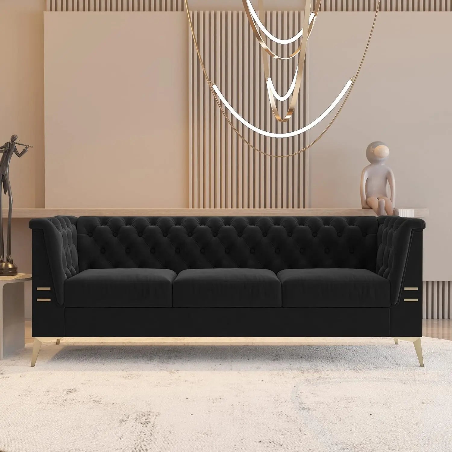Velvet Chesterfield, Black 82" Sofa, Gold Metal Legs