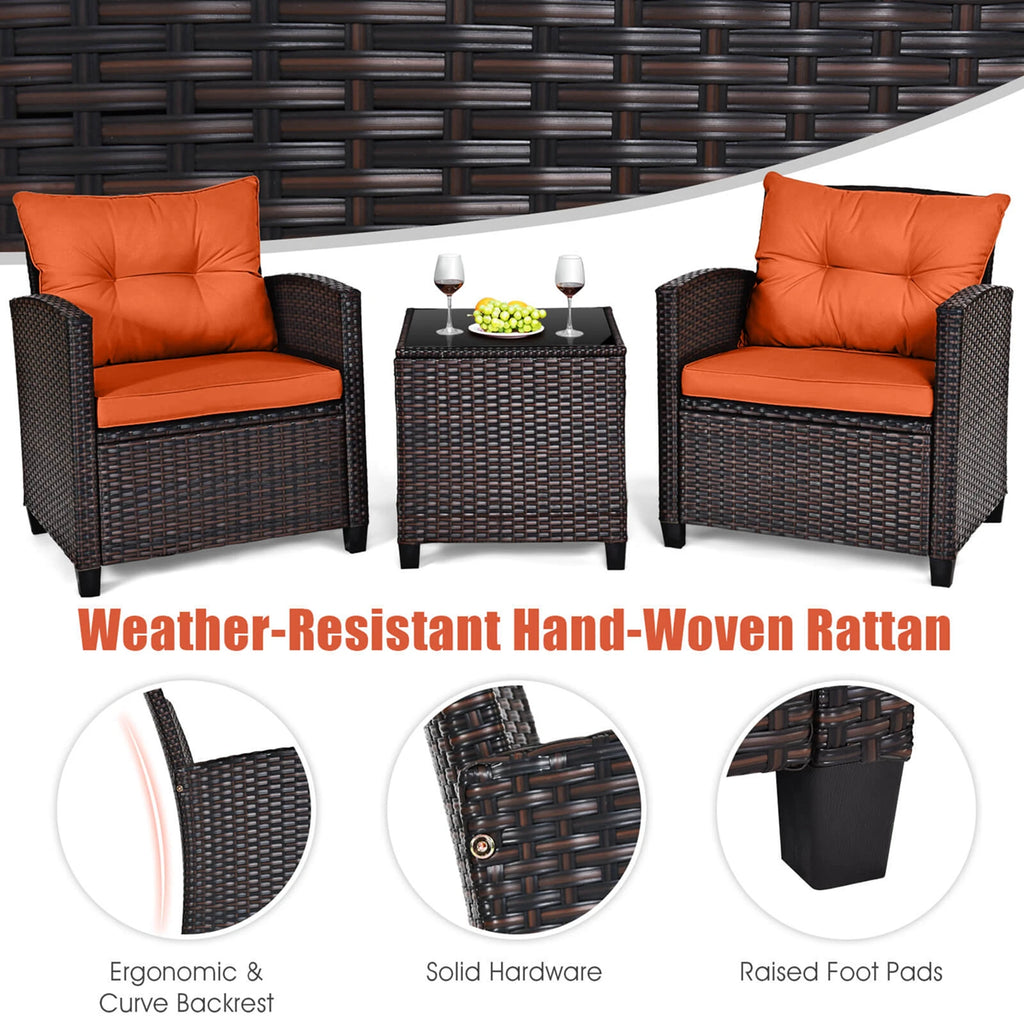 3-PC Patio Rattan Furniture Set Cushioned Conversation Set Sofa