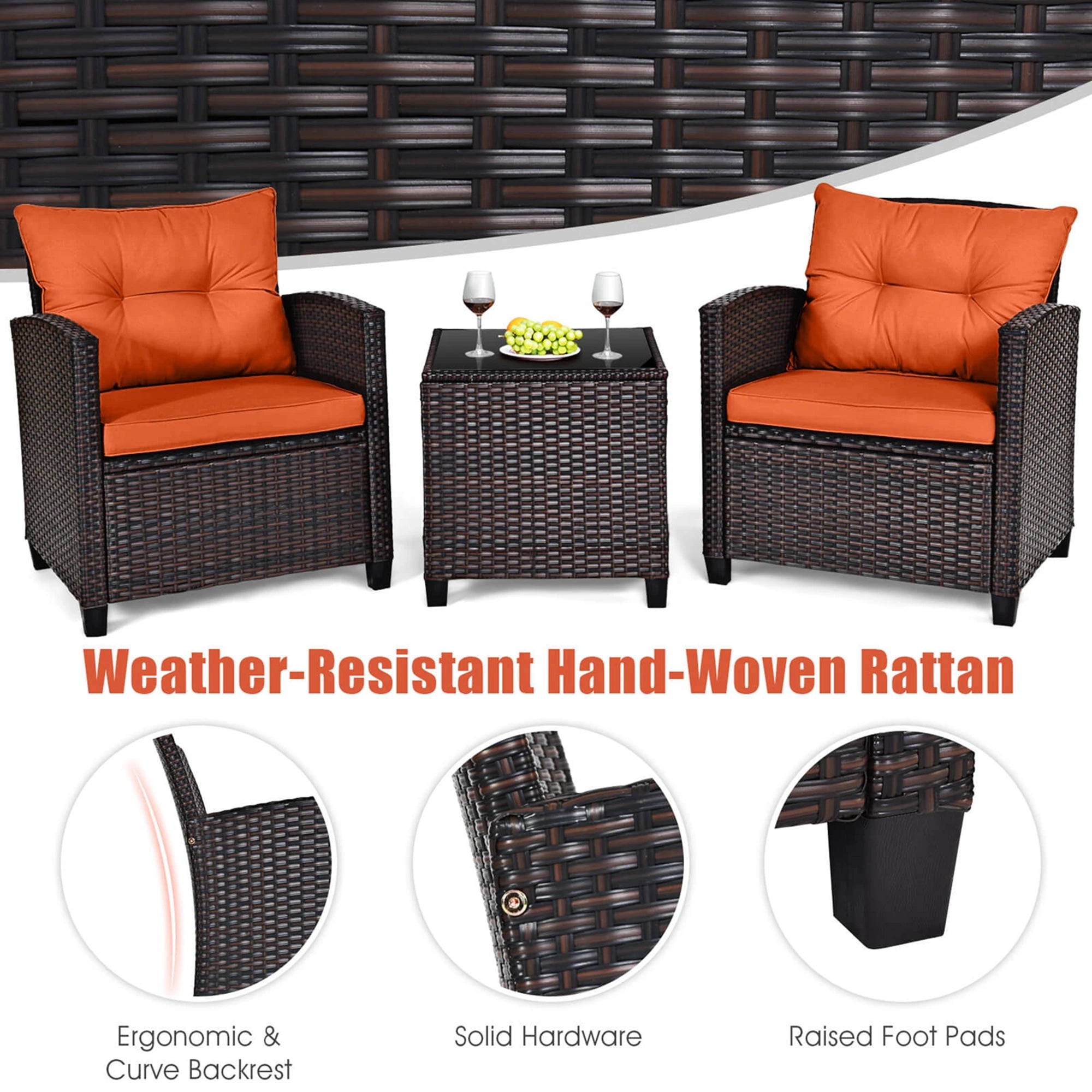 3-PC Patio Rattan Furniture Set Cushioned Conversation Set Sofa
