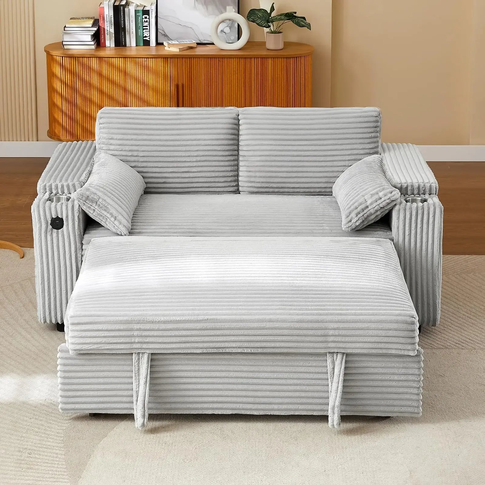 65'' 3-in-1 Folding, Pullout, Convertible Sofa Bed, 360° Swivel Side Table
