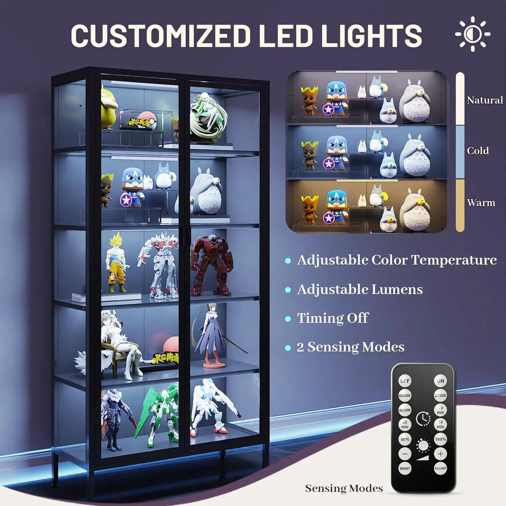 Glass Display Case, LED Lights, Adjustable Shelves