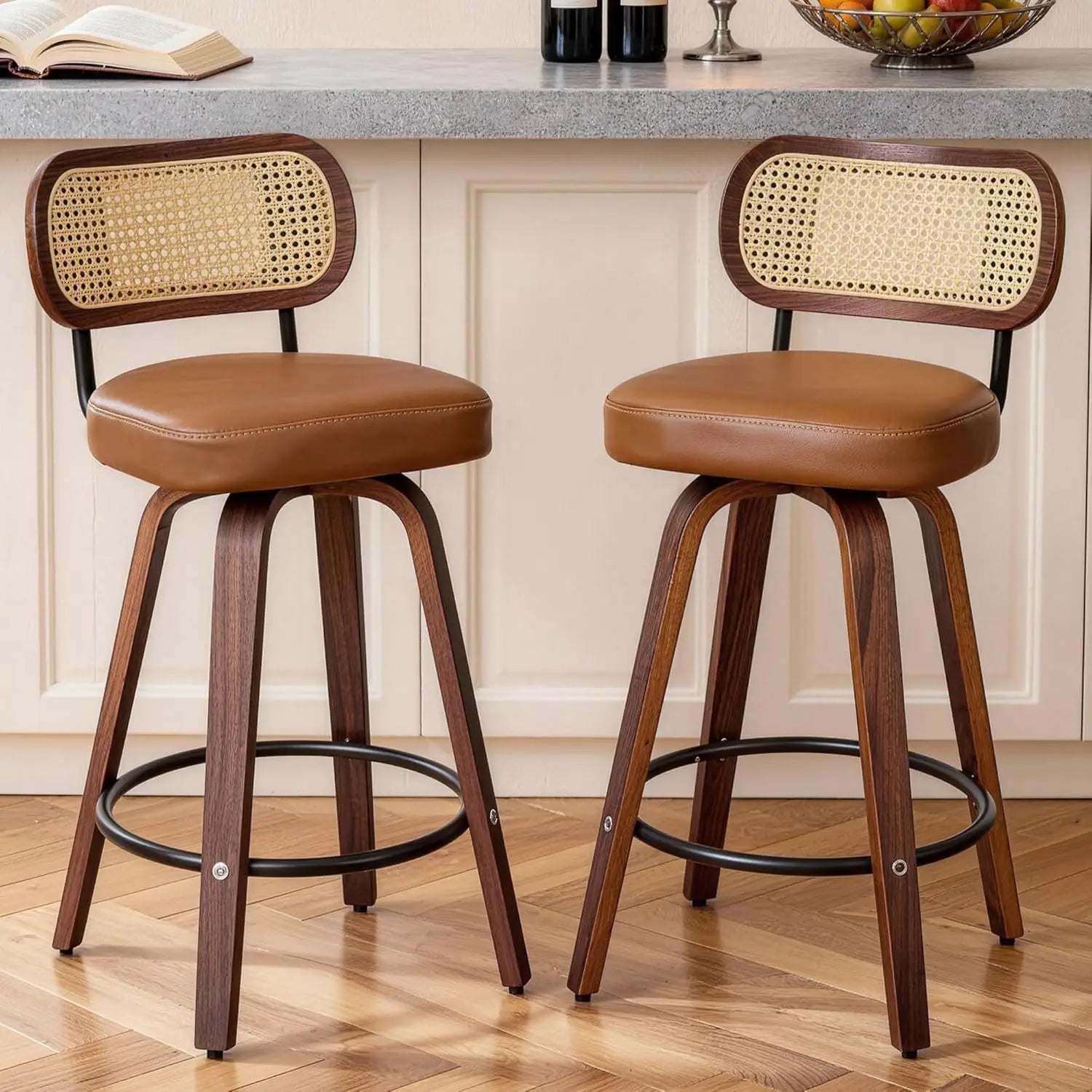 2 - Natural Rattan Bar Stools, Upholstered PU Leather