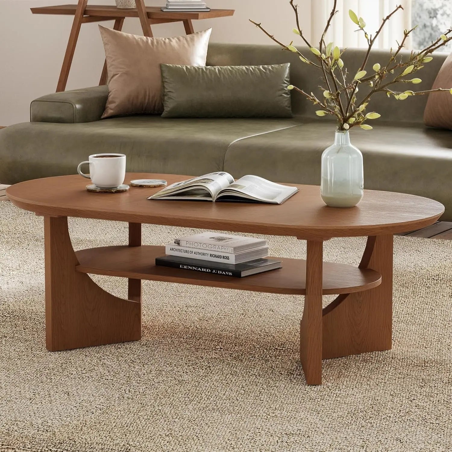 Oval 47IN Coffee Table, 2-Tier Faux Stone, Storage Shelf