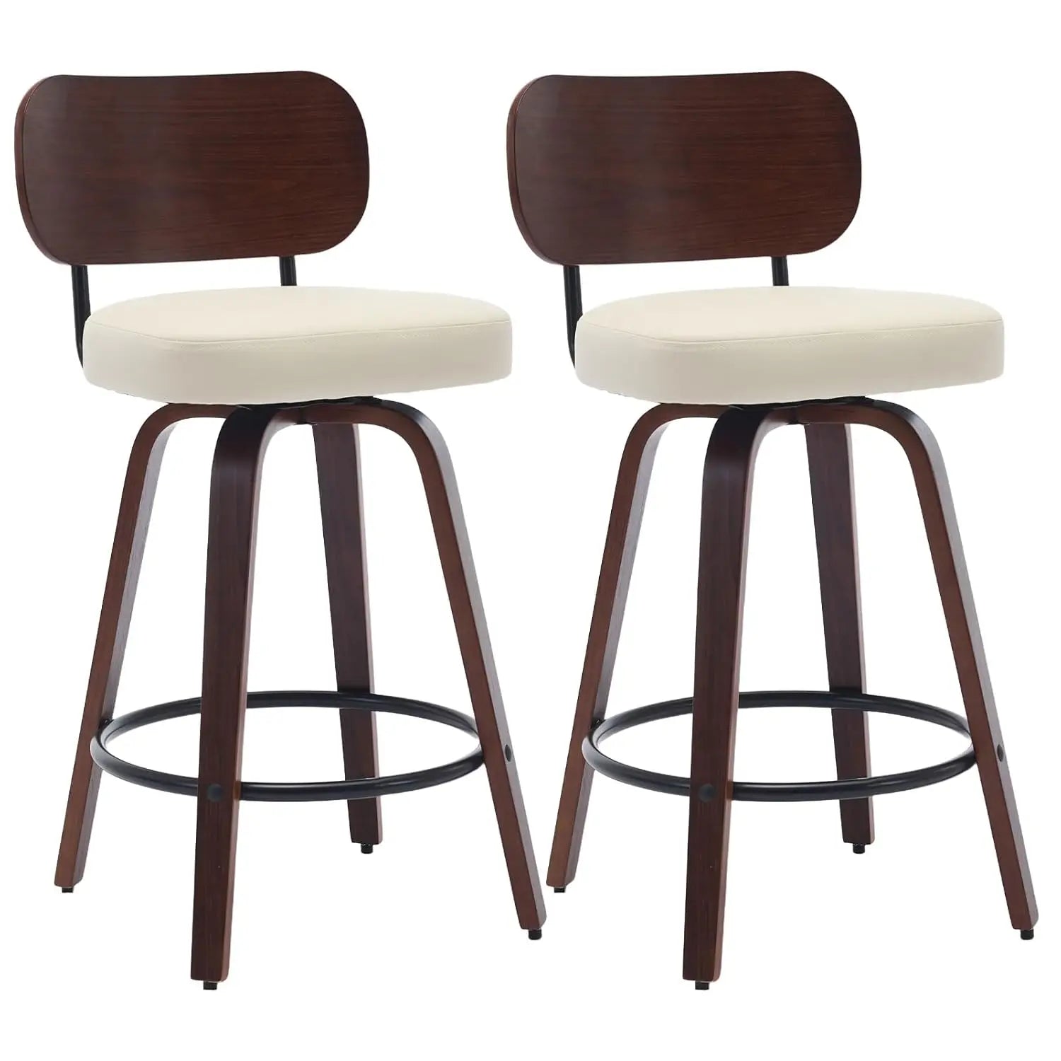 360° Swivel Bar Stools, Low Back Set-of-2, Cherry Wood, Beige PU Upholstered