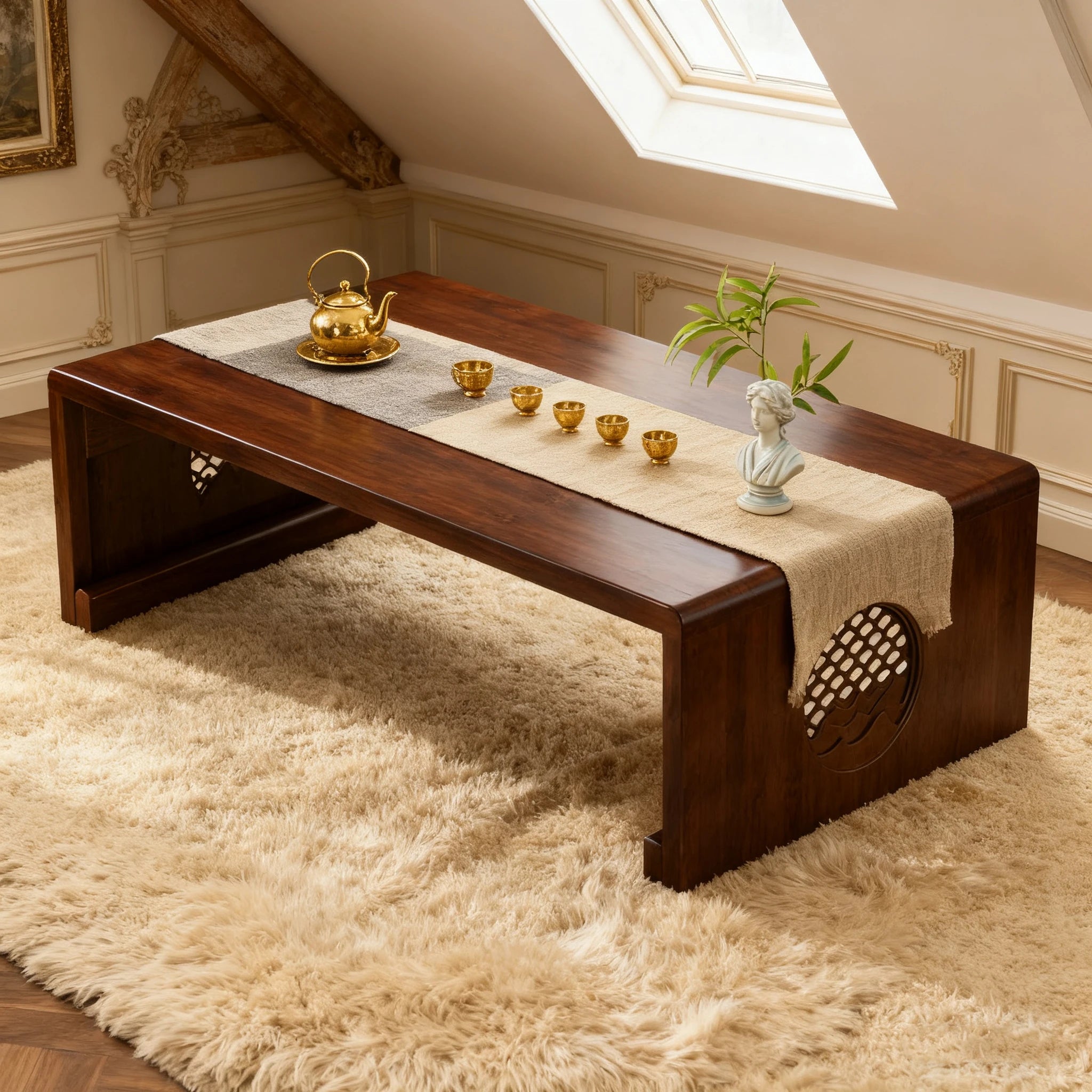 Foldable floor Japanese-style low tea table, no assembly required（120x50x30）