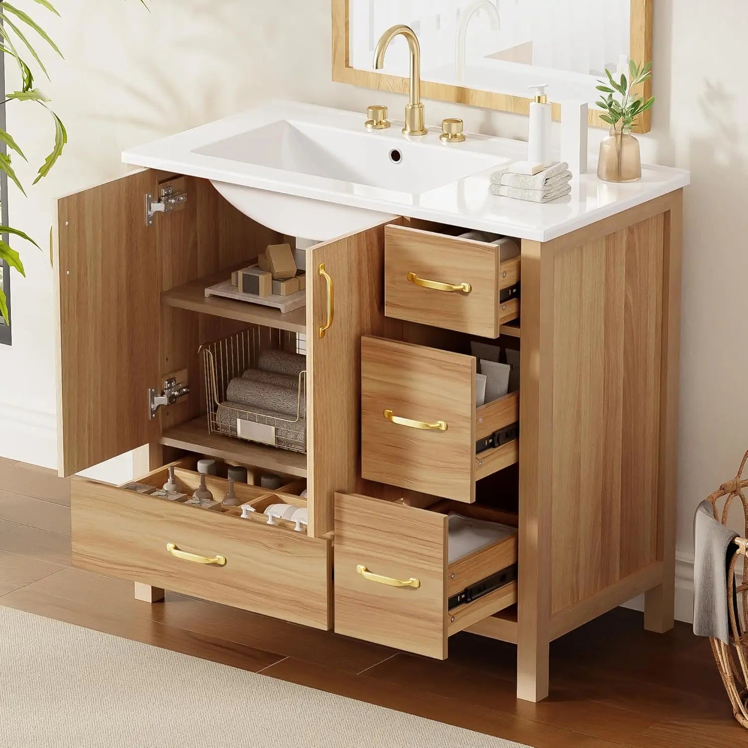36in Wood Bathroom Vanity/Sink, 3 Drawer Storage Adjustable Shelf.