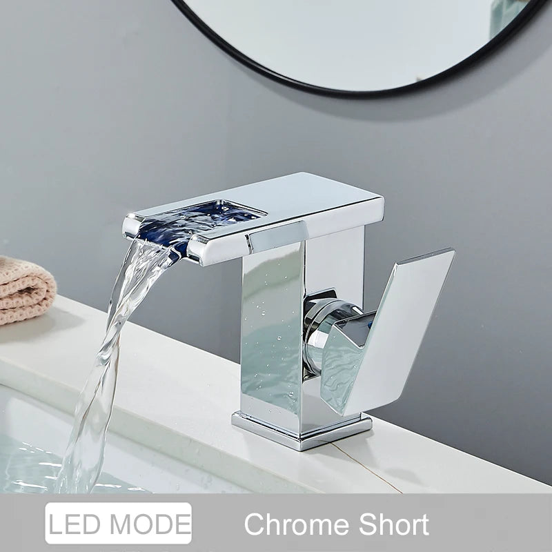 LED Color Changing Waterfall Faucet, Deck Mounted Hot/Cold Mixer Tap