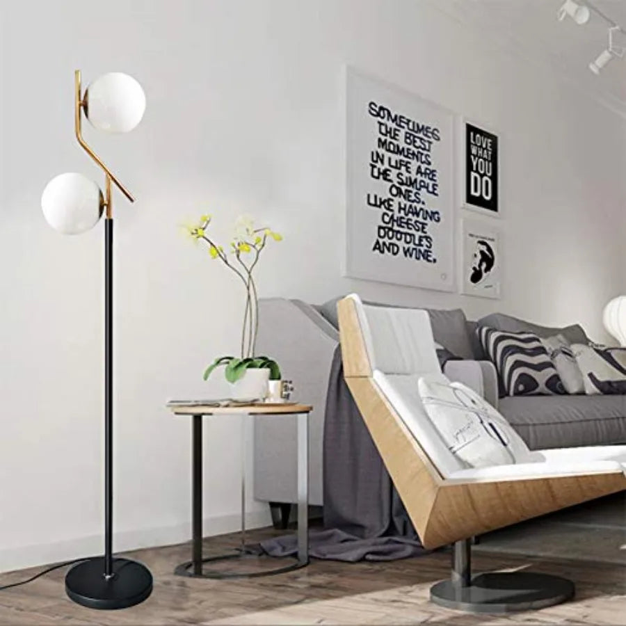 Two Milky White Glass Orbs Brass Finish Floor Lamp