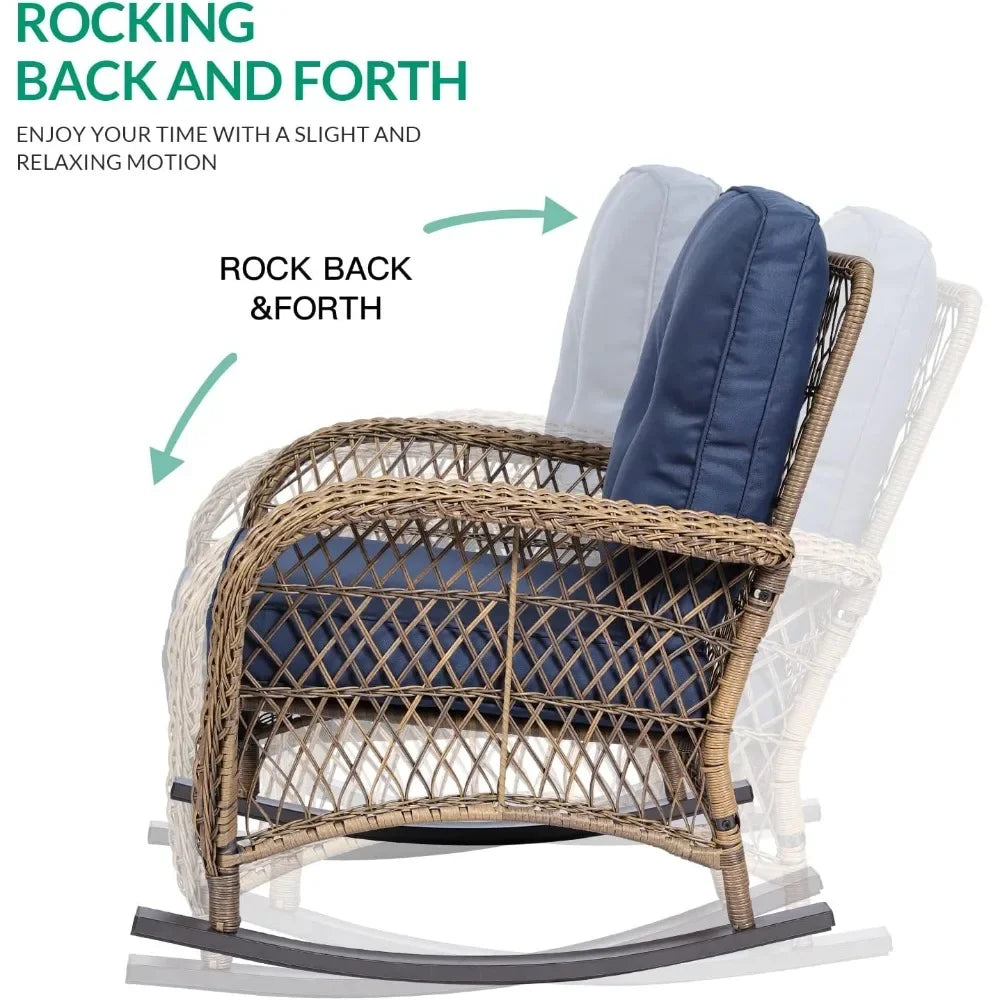 3-piece 2 rattan/wicker rocking chairs, cushions, glass table