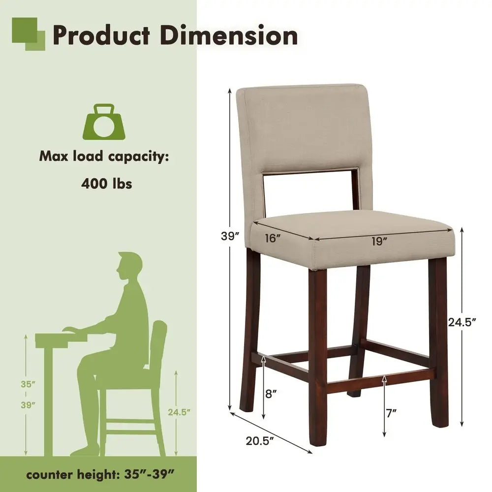 2 - Linen 24.5IN Counter Height Chairs, Hollowed Backs, Rubber Wood Legs