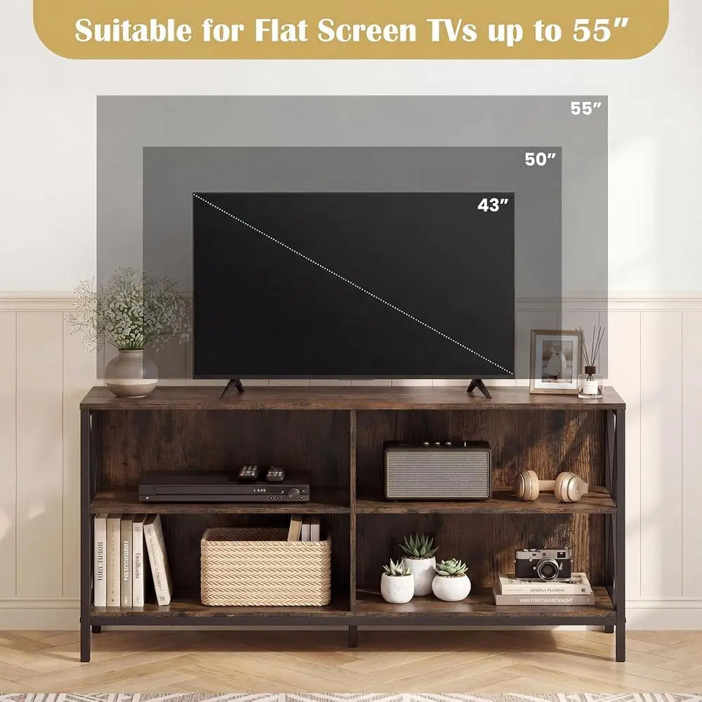 47" Farmhouse Entertainment Center TVs up to 55 Inches, 4 Open Shelves
