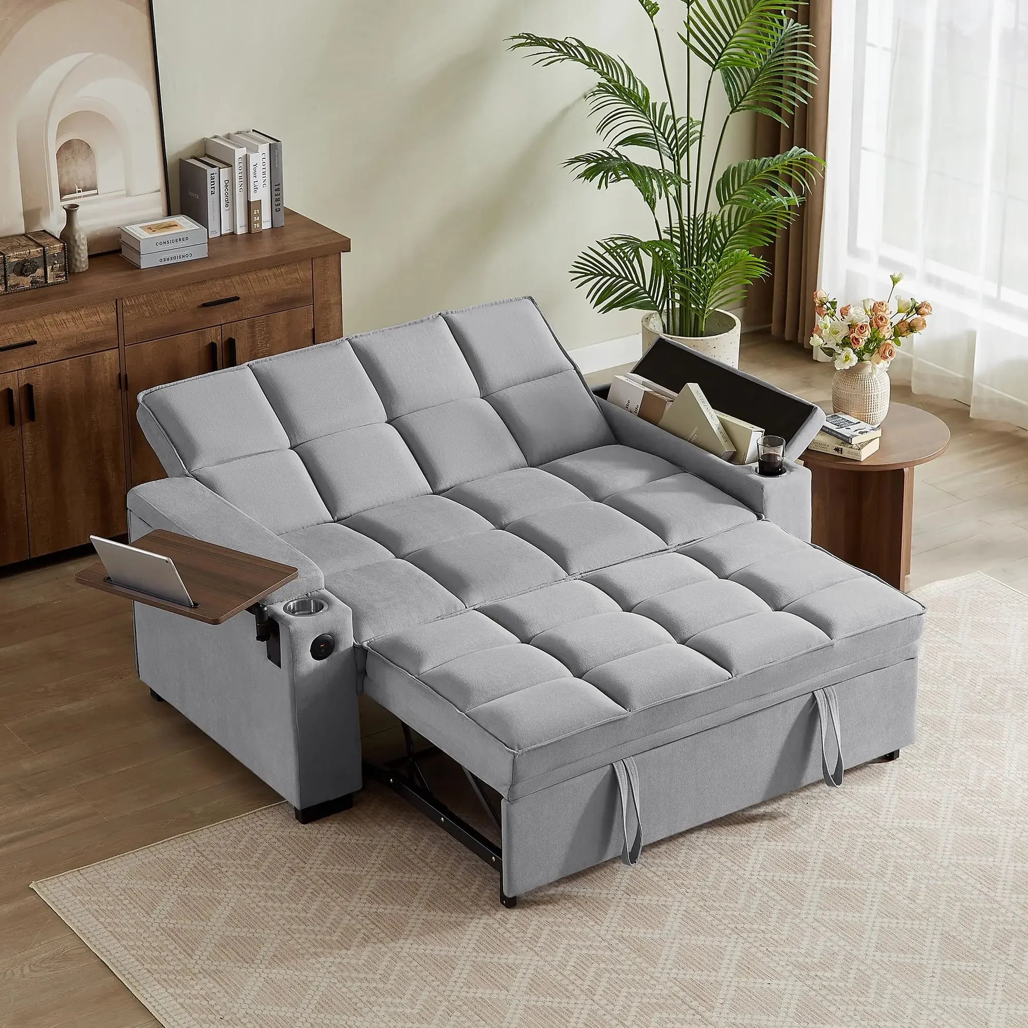 65'' 3-in-1 Folding, Pullout, Convertible Sofa Bed, 360° Swivel Side Table
