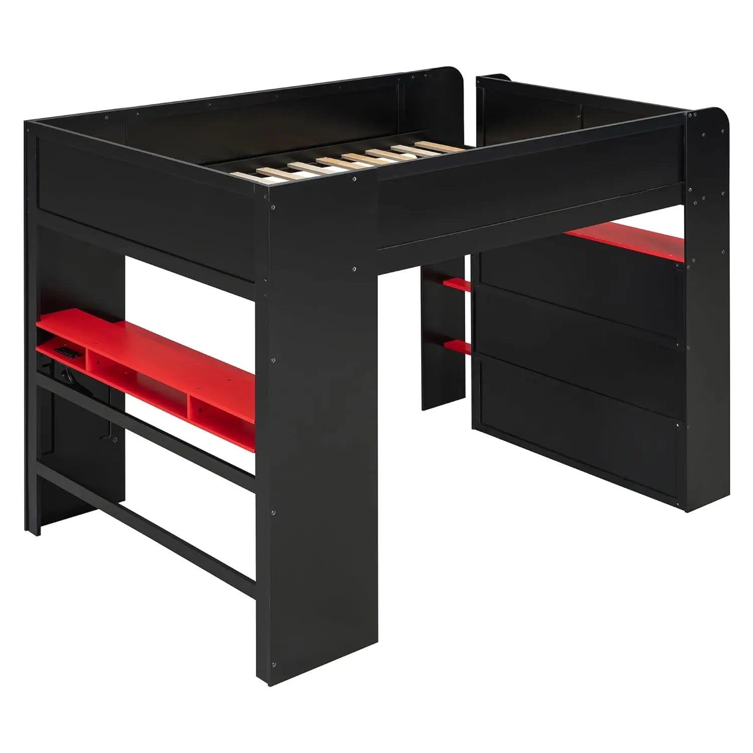 Full Size Wood Bunk Bed, Height-Adjustable Desk, Ample Wardrobe/Storage, RGB Light, Red