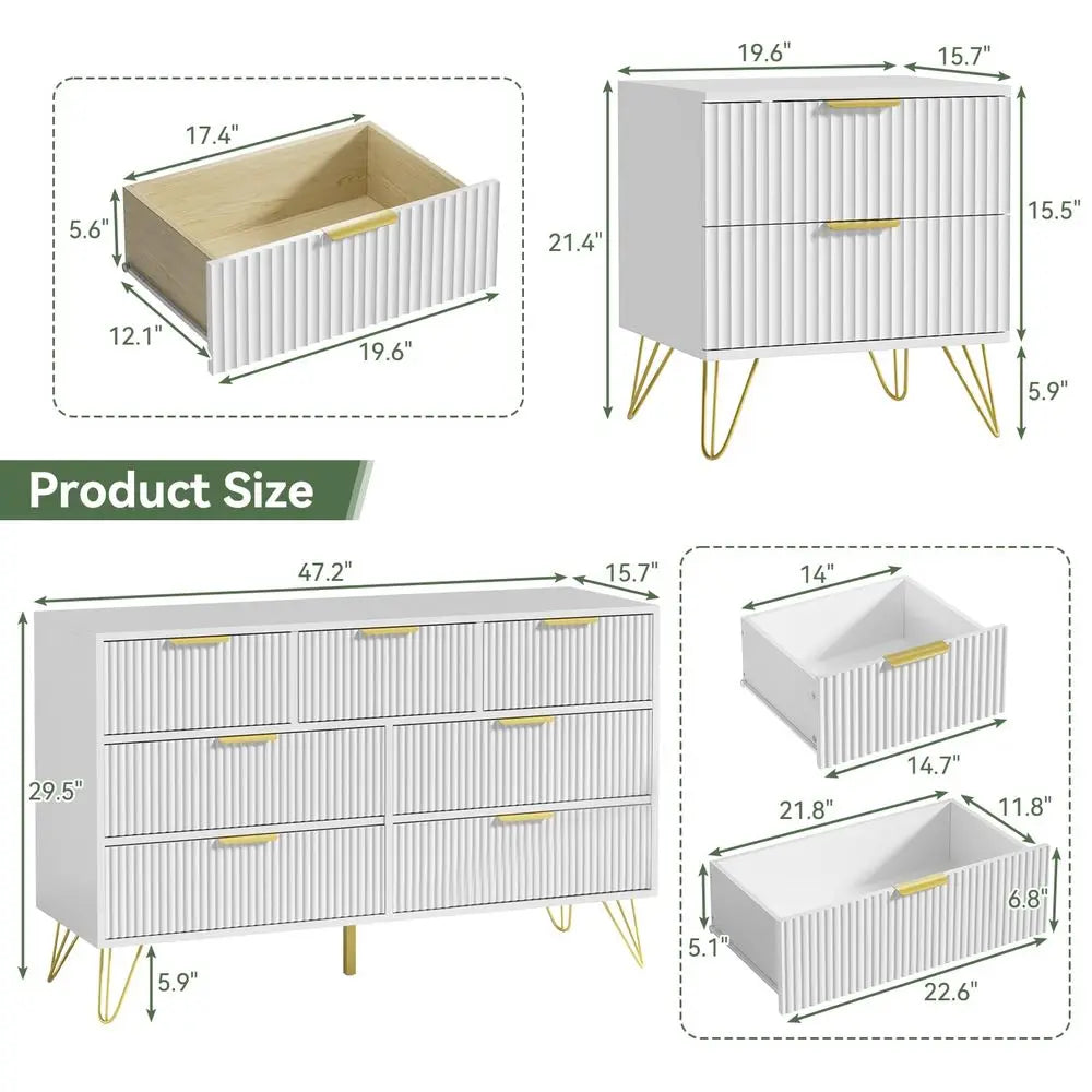 Fluted 3 Piece:  6-Drawer Dresser, (2) 2-Drawer Nightstands