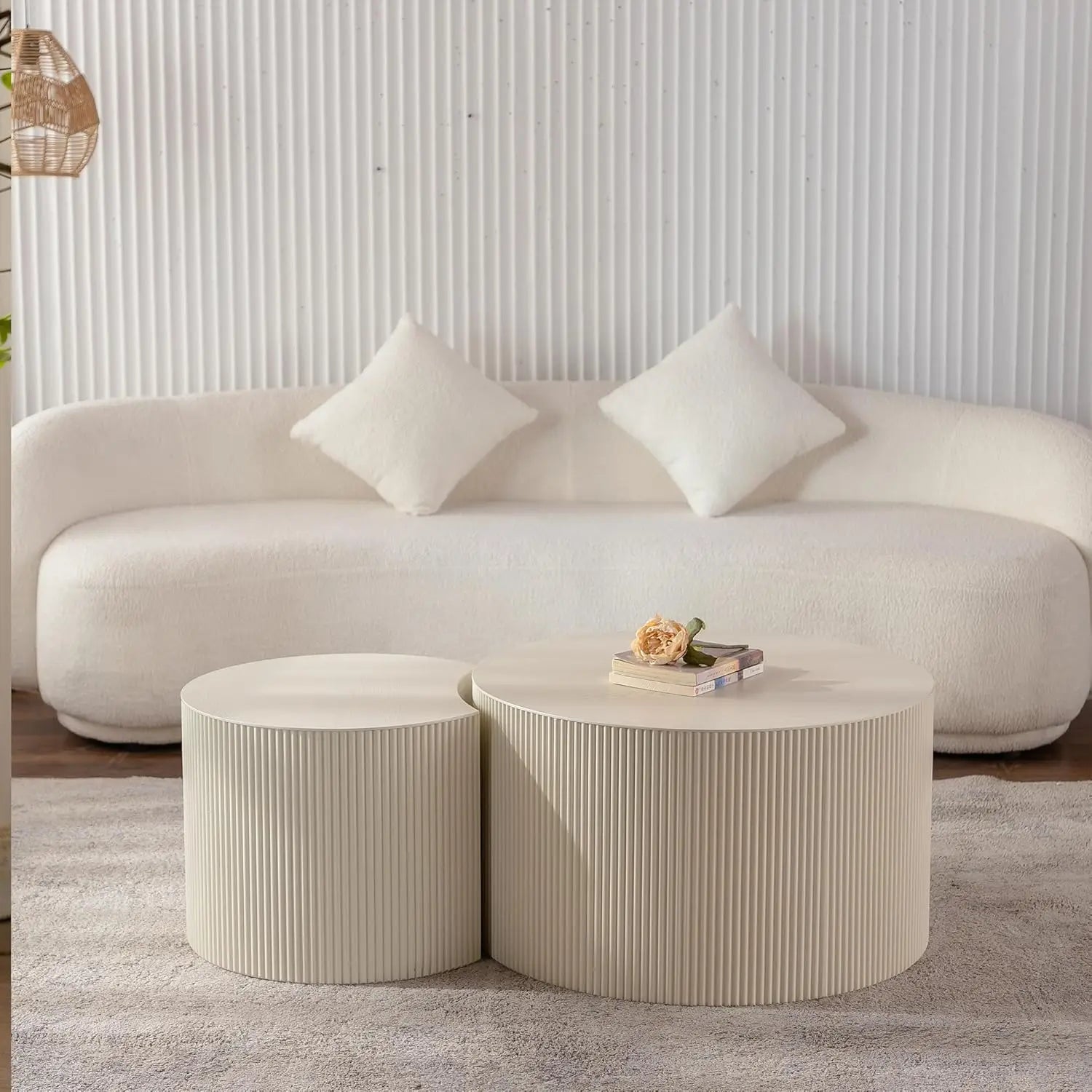 47.25" Round Wood Drum Coffee Table Set 2 No Assembly