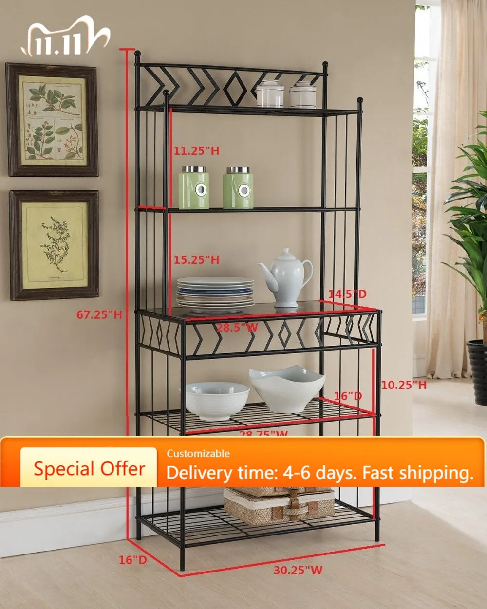 5-Tier Baker's Rack, Microwave Stand, Metal Frame, Marble Finish, 30x16x67in