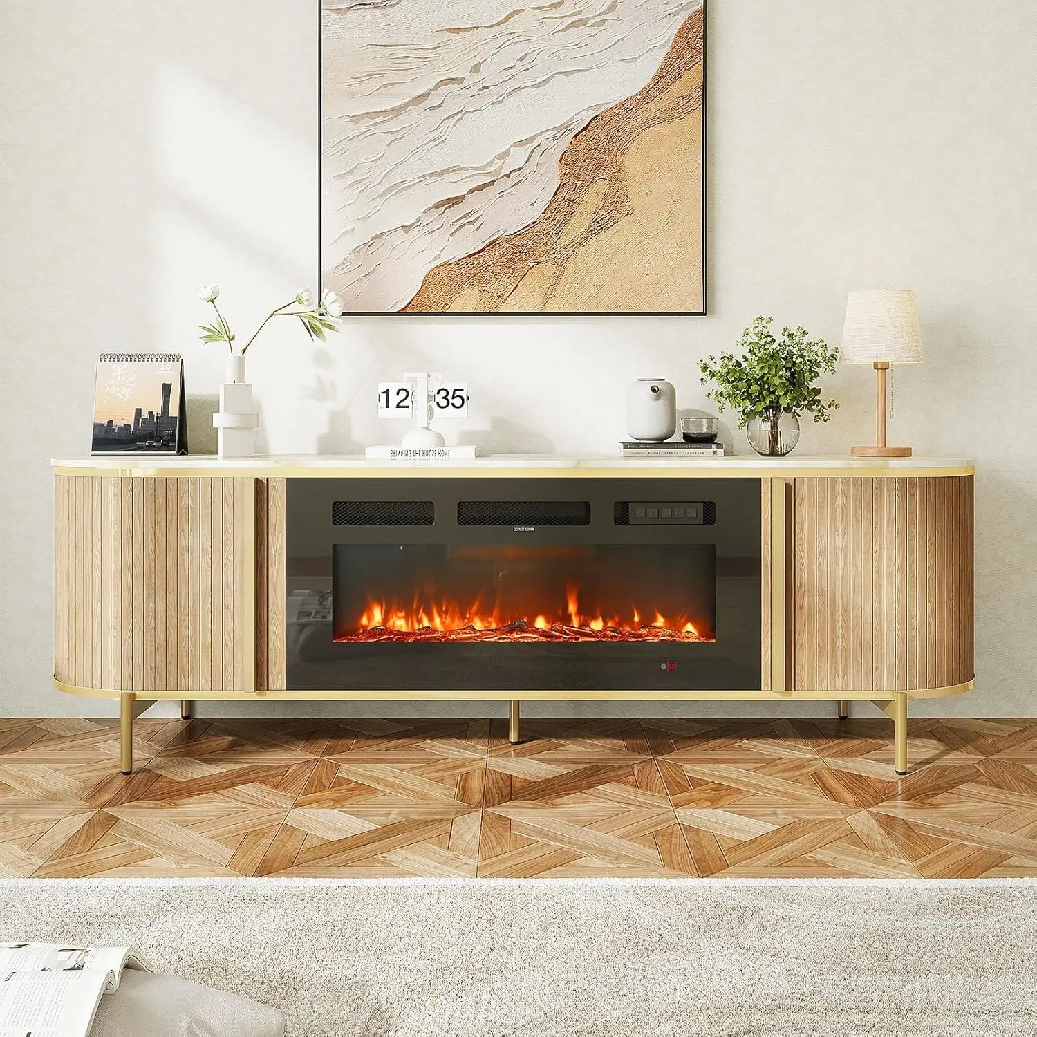 70" Fluted Fireplace Entertainment Center for TVs Up to 80IN, Cabinets