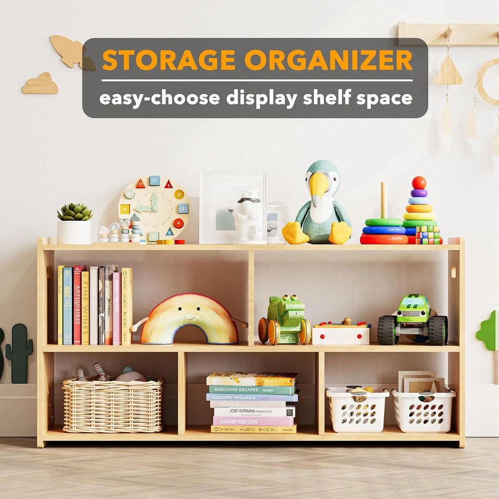 5-Compartment Bookshelf,  Montessori Bookcase Toy Storage, Natural Finish, 44.5" Wide