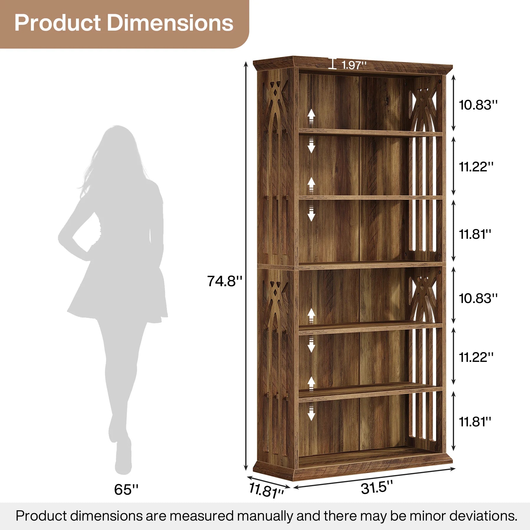 6-Tier 75-Inch Tall Bookcase, Large Freestanding Wood Display Shelves