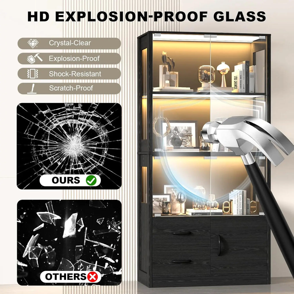 Display Glass Doors, 4-Tier Display 3-Color Lights, Human Body Sensor