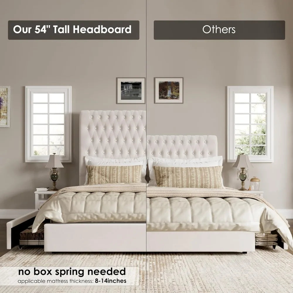 Queen Size Upholstered Tall Headboard, Button Tufted Velvet 4 Drawers