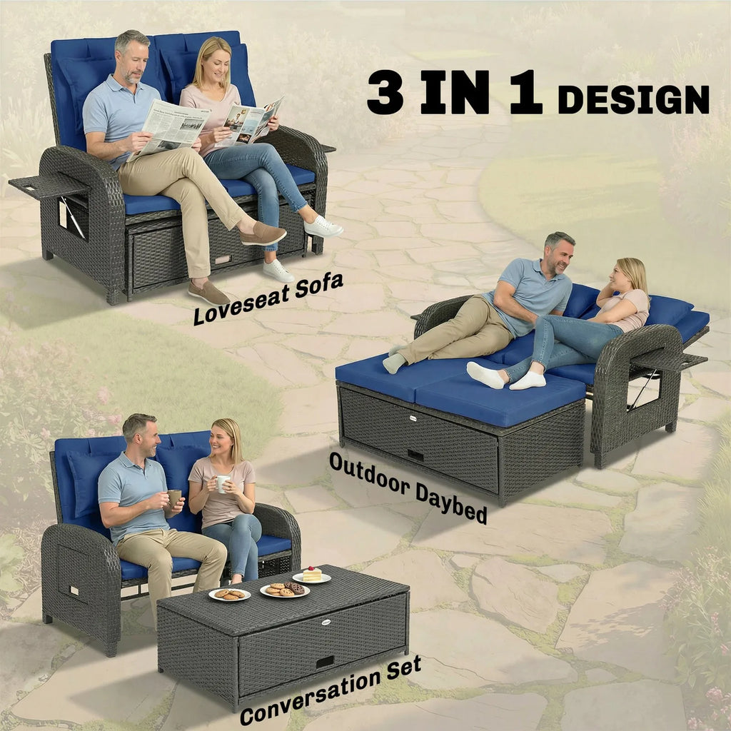 Outdoor Patio Rattan Daybed w/Storage Ottoman, Navy Blue