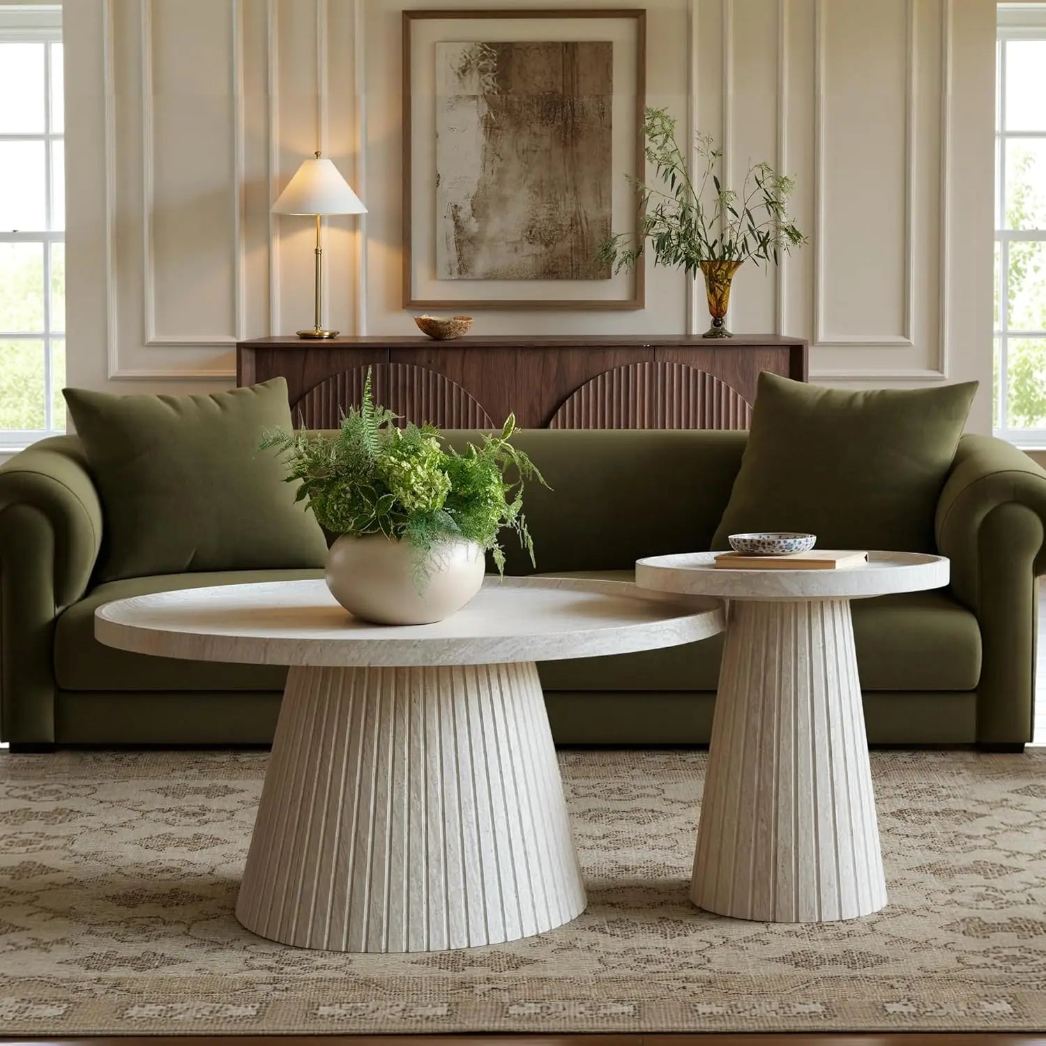 Coffee Table Set of 2, Fluted Faux Stone Veneer, Travertine Tea Table