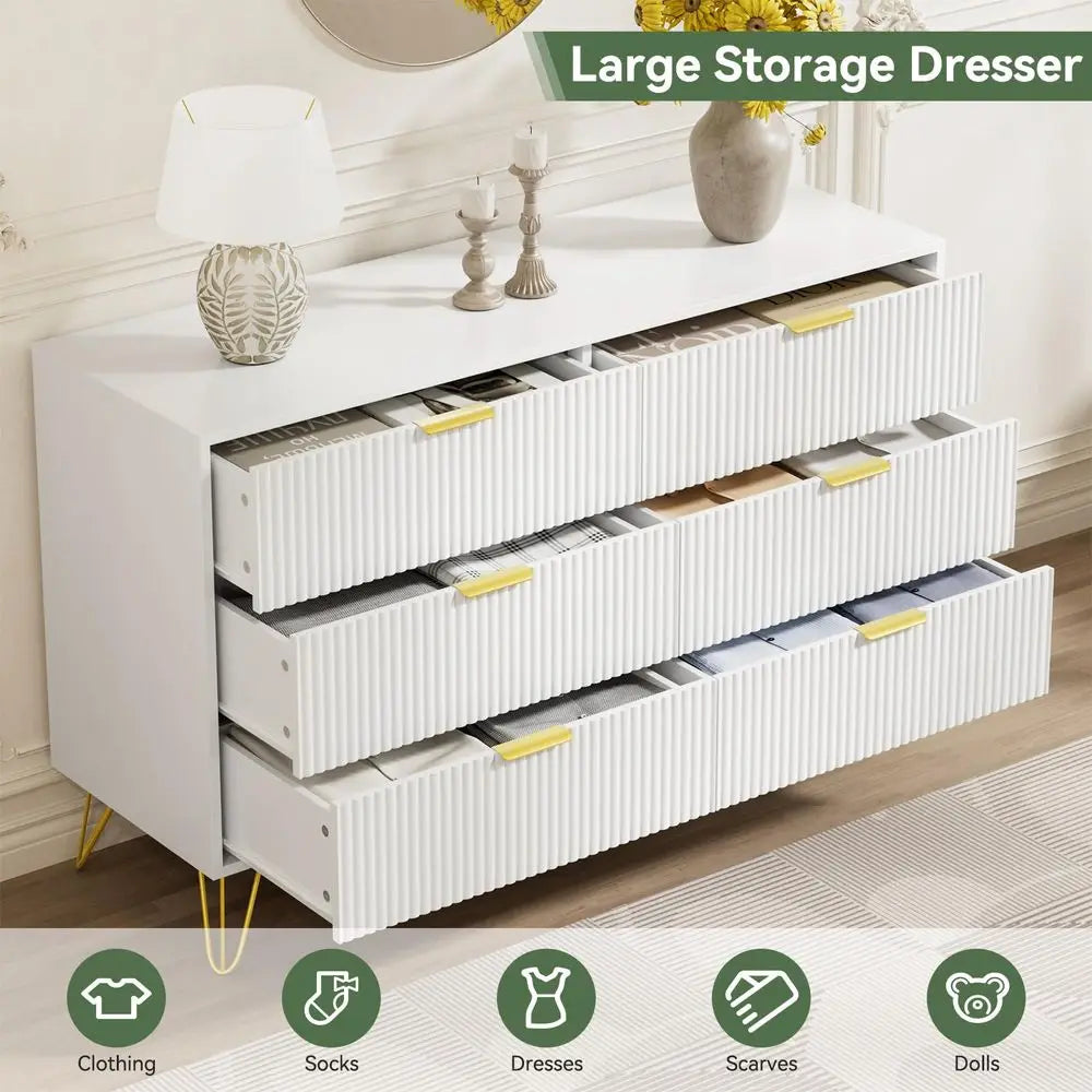 Fluted 3 Piece:  6-Drawer Dresser, (2) 2-Drawer Nightstands