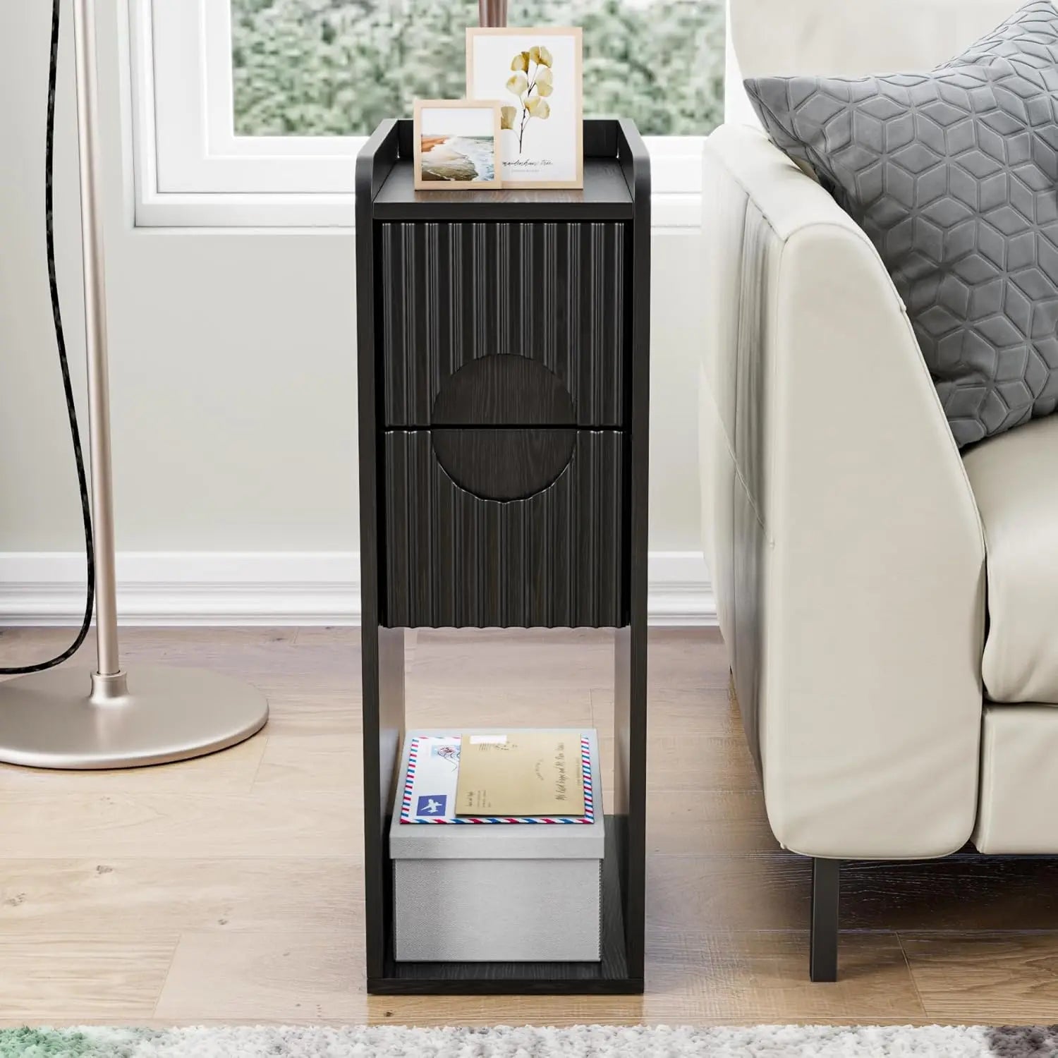 Narrow Fluted End Tables, Set of 2, Wooden 2 Drawers, Slim Nightstands
