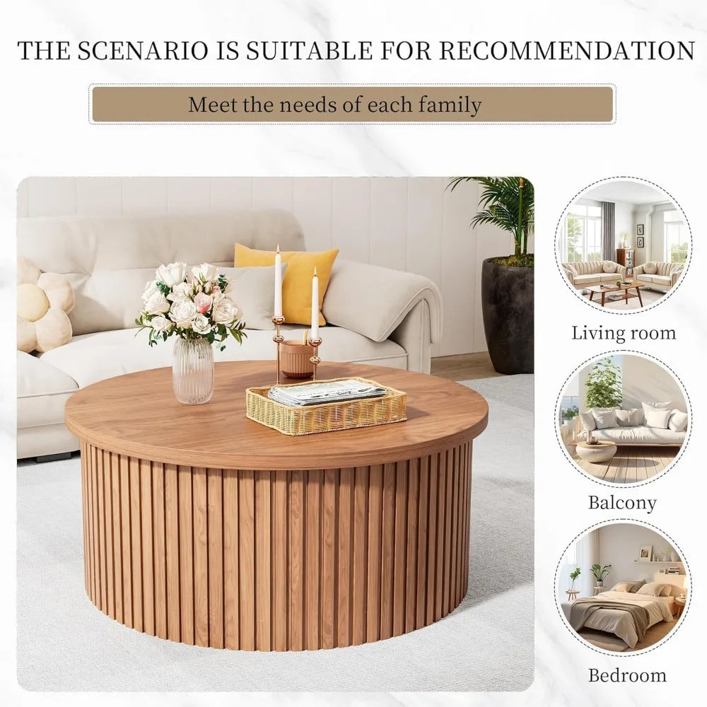 Fluted  31.6IN Round Lift Top Coffee Table with Hidden Storage